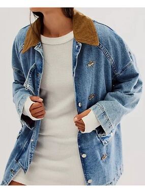 Free People We The Free Denim Barn Coat Jean Jacket Corduroy Boho Women’s Small